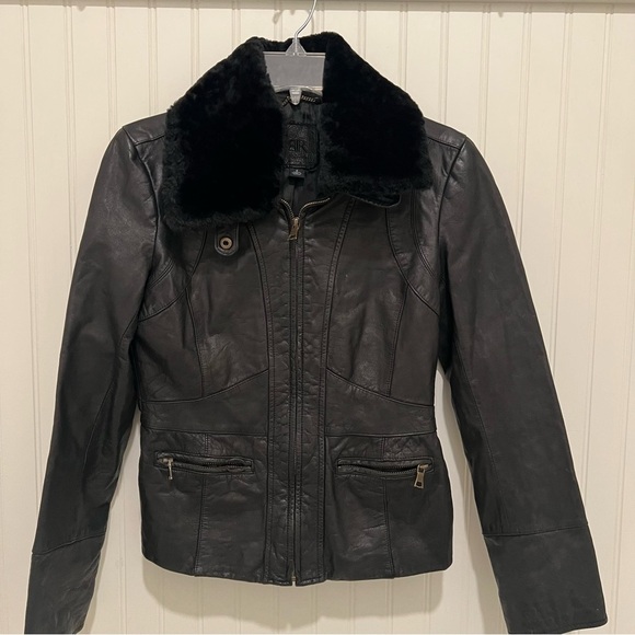 Banana Republic Black Leather Jacket with Faux Fur Collar - Picture 1 of 5